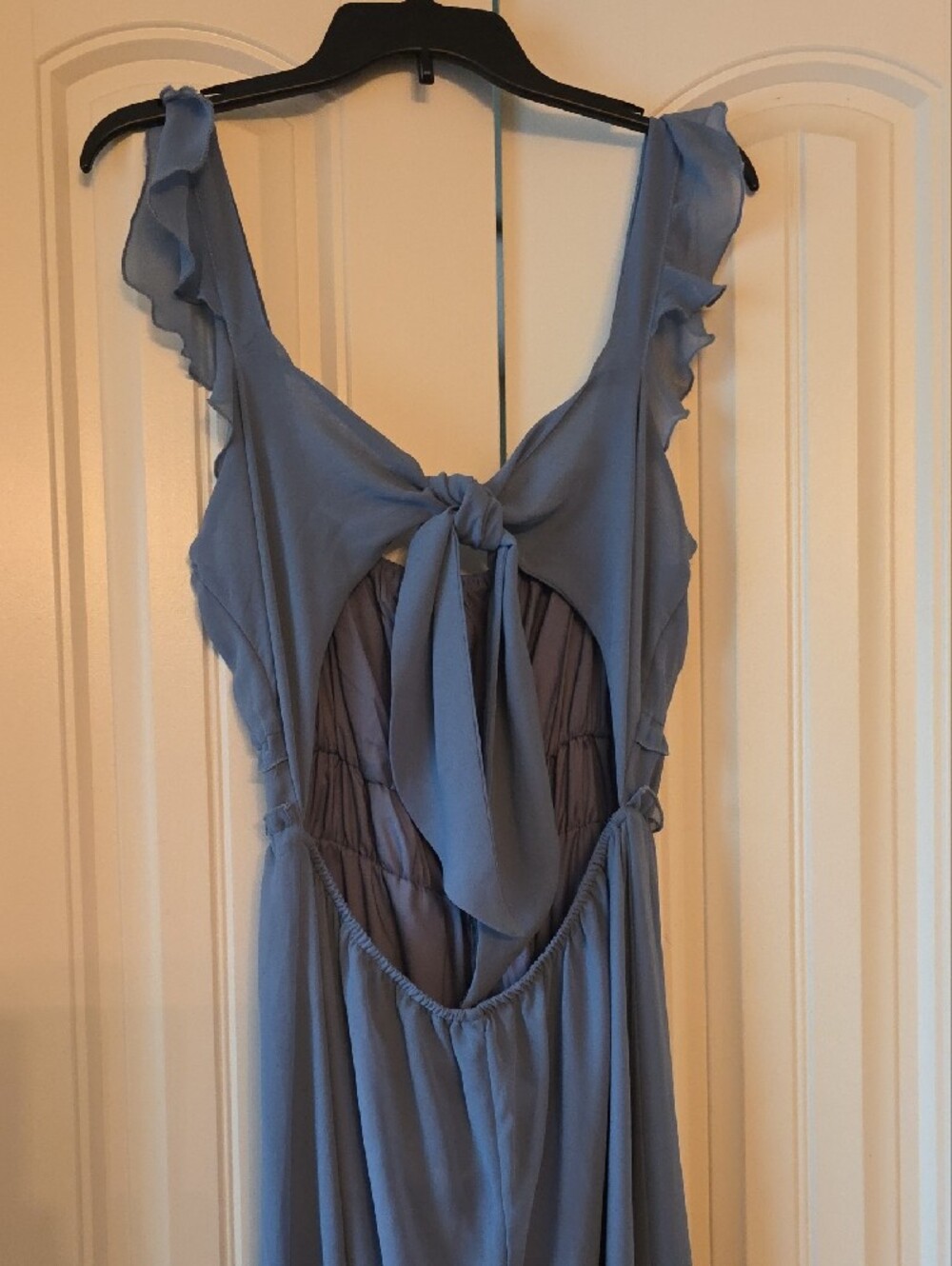 Lulu's Dusty Blue Ruffle-Trim Wide Leg Jumpsuit - Picture 2 of 6